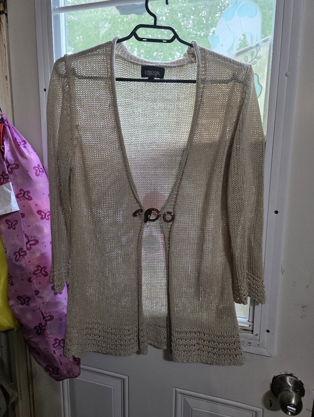 Metallic Beige Open-Front Knit Cardigan